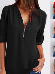 Blouse Shirt Zipper Basic Plain Daily V Neck T-shirt Sleeve Regular Summer White Black Pink Grey Dark Blue for Women