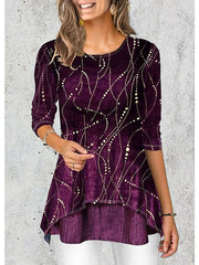 Blouse Wine Blue Purple Graphic Print 3/4 Length Sleeve Daily Going out Casual Crew Neck Regular L for Women