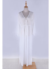 Boho Dress Cover Up Beach Wear Long Dress Maxi Dress Mesh Patchwork Fashion Modern Plain V Neck Long Sleeve Loose Fit Outdoor Daily White Summer Spring One Size for Women