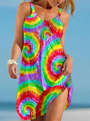 Beach Dress Resort Wear Beach Wear Mini Dress Print Tropical Fashion Rainbow Spaghetti Strap Sleeveless Loose Fit Outdoor Daily Azure Black and Yellow Spring Summer S M L XL for Women