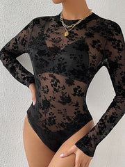 Bodysuit Black Floral Lace Long Sleeve Beach Sexy Round Neck Floral S for Women