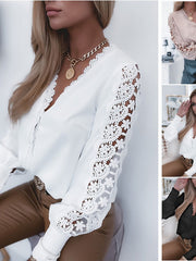 Blouse Lace Solid Colored Basic V Neck Standard Winter White for Women