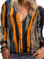 Blouse Yellow Red Blue Striped Zipper Long Sleeve Daily Going out Streetwear V Neck Regular L for Women