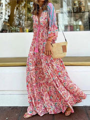 Bohemia Floral V Neck Dress Long Dress Maxi Dress Red 3/4 Length Sleeve Ruched Summer Fall Autumn S M L XL XXL 3XL for Women