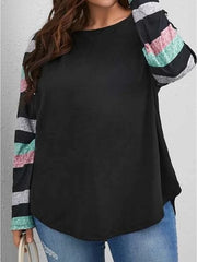 Blouse Black Color Block Print Long Sleeve Daily Vacation Casual Crew Neck Plus Size L for Women