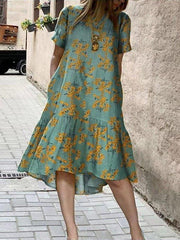 Lightgreen Short Sleeve Crew Neck Cotton-Blend Swing Dresses