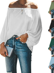 Blouse Patchwork Cold Shoulder Solid / Plain Color Classic Sweet Off Shoulder Lantern Sleeve Regular Spring & Fall Black White Dark Green Green Light Blue for Women