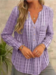 Blouse Pocket Striped V Neck Regular Spring & Fall Blue Purple Gray for Women