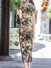 Bodycon Sheath Dress Cheongsam Dress Midi Dress Red Blue Gold Short Sleeve Floral Split Spring Summer Stand Collar Elegant Weekend M L XL XXL 3XL 4XL 5XL for Women