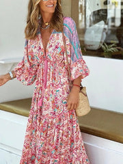 Bohemia Floral V Neck Dress Long Dress Maxi Dress Red 3/4 Length Sleeve Ruched Summer Fall Autumn S M L XL XXL 3XL for Women