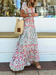 Bohemia Floral V Neck Long Dress Maxi Dress Pink Short Sleeve Floral Ruched Spring Summer Modern Weekend S M L XL XXL 3XL for Women