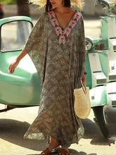 Boho Dress Cover Up Beach Wear Long Dress Maxi Dress Dolman Print Ethnic Casual Floral V Neck 3/4 Length Sleeve Loose Fit Outdoor Daily Green Summer Spring One Size for Women