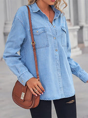 Blouse Button-Down Solid / Plain Color Classic Shirt Collar Regular Spring & Fall Light Blue for Women