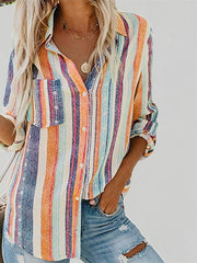 Blouse Shirt Button-Down Print Stripes Graphic Prints Classic Shirt Collar Regular Spring & Fall Green Blue Purple Pink Orange for Women