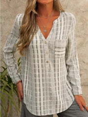 Blouse Pocket Striped V Neck Regular Spring & Fall Blue Purple Gray for Women