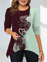 Blouse White Light Green Blue Floral Print Long Sleeve Daily Going out Casual Crew Neck Regular Plus Size L for Women