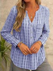 Blouse Pocket Striped V Neck Regular Spring & Fall Blue Purple Gray for Women