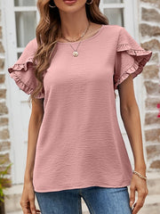 Blouse Ruffle Solid / Plain Color Basic Round Neck Petal Sleeve Summer Deep Pink Wine Red Green for Women