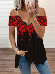Blouse T shirt Floral Strappy Shoulder Venting Daily V Neck Regular Summer White Dark Red Pink Red Blue for Women