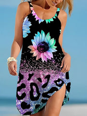 Beach Dress Resort Wear Beach Wear Mini Dress Print Tropical Fashion Rainbow Spaghetti Strap Sleeveless Loose Fit Outdoor Daily Azure Black and Yellow Spring Summer S M L XL for Women