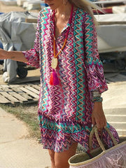 Beach Dress Beach Wear Midi Dress Print Modern Casual Color Block V Neck Long Sleeve Loose Fit Outdoor Daily Pink Summer Spring S M L XL for Women