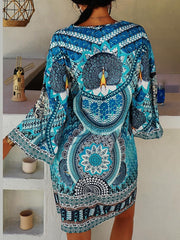 Boho Dress Mini Dress Blue 3/4 Length Sleeve Print Print Summer Spring V Neck Casual S M L XL XXL for Women