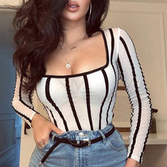 High Street White Scoop Neck Mesh Sheer Striped Long Sleeve Rompers Body Fishnet Top Fashion See-through Jumpsuits Outfits