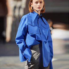 Royal Blue Shirt Lapel Blouse Feminina Fashion Safari Style Spring Summer Top