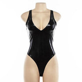 V-Neck Sleeveless Leather Black Bodysuits