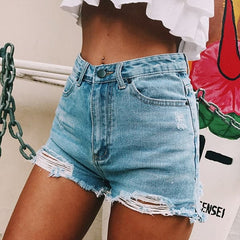 Woman Fashion High Waist Ripped Denim Shorts