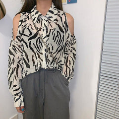 Printed Shirt Off The Shoulder Blouses Loose Long-sleeved Shirt Retro Female Blouses
