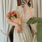 Elegant Lace Chiffon Puff Sleeve V Neck Midi Dress