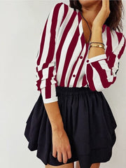 Summer Striped Shirt Black White Elegant V Neck Button Blouse OL Casual Loose Tops Vintage