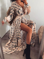 Boat Neck Glitter Deep V Neck Print Party Dress