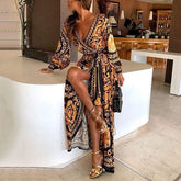Boat Neck Glitter Deep V Neck Print Party Dress