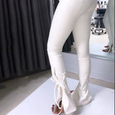 PU Leather Boot Pants Autumn Winter Stretch Lace Up Bandage Side Split Bodycon High Waist Tight Trouser Fashion Fall