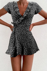 Summer Women's Floal A-Line Dress Sweet Elegant Floral Ruffles V-neck Bandage Short Dress for Lady Chic Flowers Mini Dress