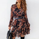 Ladies V Neck Floral Dress Spring Flower Print Long Sleeve Lace-Up Ruffle Dress Chiffon Elegant A-Line Party
