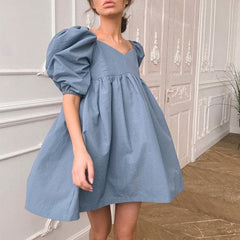 Mini Dress Elegant Square Collar Puff Short Sleeve High Waist A-line Party Dress Casual Cute Solid Streetwear Summer