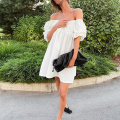 Mini Dress Elegant Square Collar Puff Short Sleeve High Waist A-line Party Dress Casual Cute Solid Streetwear Summer