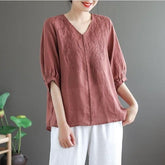 Summer Short sleeve Embroidery Blouse Plus size Cotton Linen Shirt V Neck Loose Vintage Clothes Ladies Tops Casual