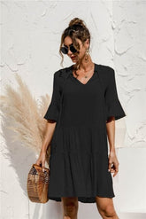 Floral Stitching V-neck Flared Sleeves Dress