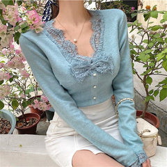 Vintage Knitted Shirts Ladies Casual V-Neck Lace Slim Blouse and Tops Spring Korean Style Shirt Female Elegant