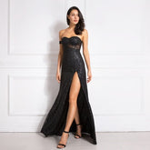 Off Shoulder Glitters Floor Length Split Party Dress