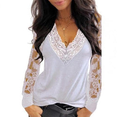 Female Tops Pullover Deep V Neck Lace Trim See Through Long Sleeve Blouse Top Blouse Solid Vintage Blouse Shirts