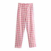 Office Lady Fashion Pink Plaid Suit Cotton Long Pants Summer Za High Waist Zipper Straight Chic Trousers