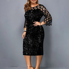 Fashion Large Size Round Neck Solid Color Mesh Stitching Long-sleeved See-through Sequin Dress