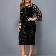 Fashion Large Size Round Neck Solid Color Mesh Stitching Long-sleeved See-through Sequin Dress