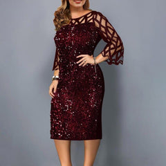 Fashion Large Size Round Neck Solid Color Mesh Stitching Long-sleeved See-through Sequin Dress