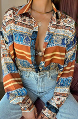 Fashion Down Lapel AbstractZebra Print Loose Tops